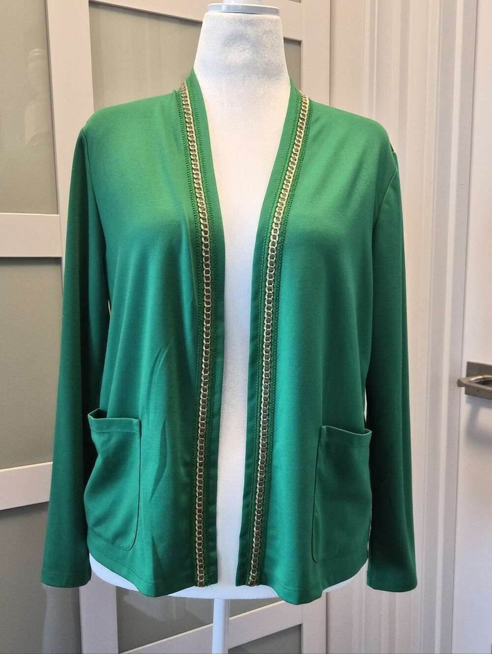 IMAN Emerald Green Open-Front Cardigan with Gold Chain Trim